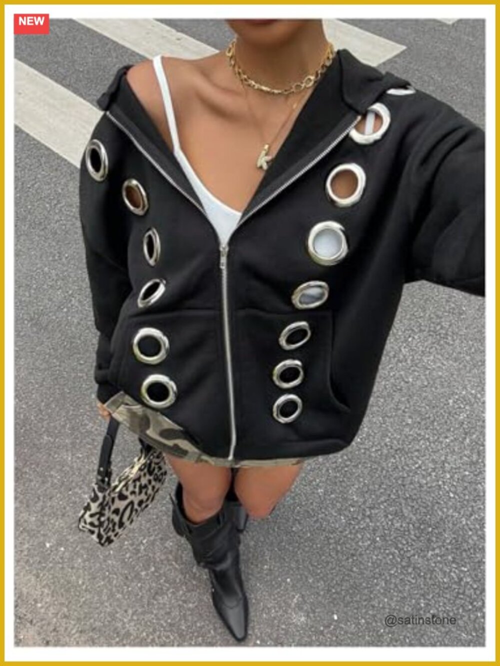 Women's Punk Zip Up Hoodie Grommet Eyelet Long Sleeve Oversized Y2K Sweatshirt - Picture 3 of 5